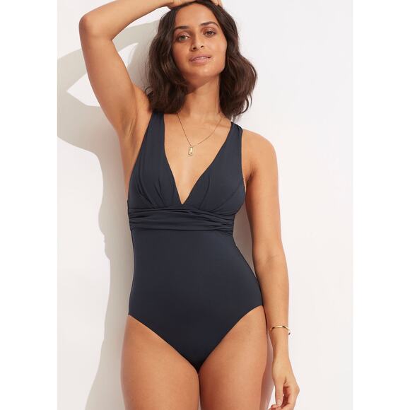 Seafolly Collective True Navy Cross Back V-Neck One Piece Swimsuit Size 14 - Picture 1 of 11